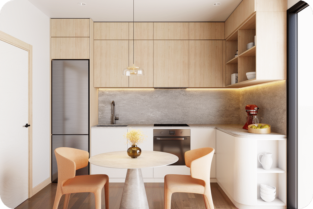Modern kitchen in 60m² granny flat Melbourne showing full-size appliances and storage solutions