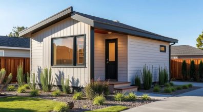Modern ADU with sleek design and landscaping, small house, architecture