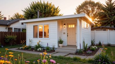 Accessory dwelling unit. Charming small house with garden at sunset.
