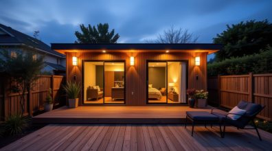 Accessory dwelling unit. Modern wooden cabin illuminated at dusk with outdoor seating and plants.